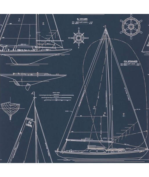 Papier Peint RL Boat Blueprint White On Dark Blue acheter en ligne